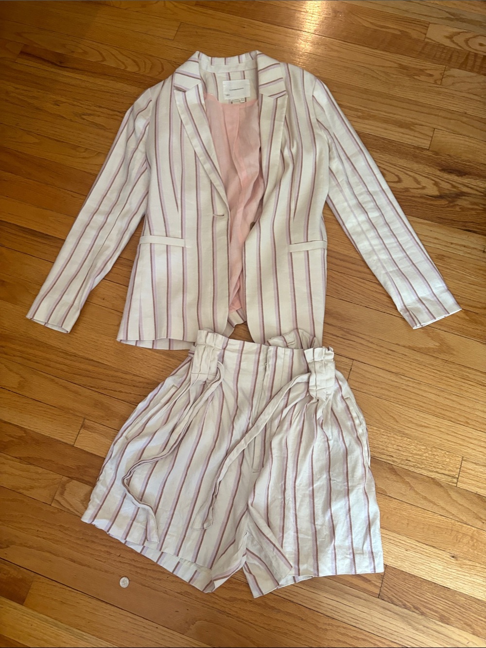 Anthropologie White and Pink Striped High-Waist Shorts with Blazer